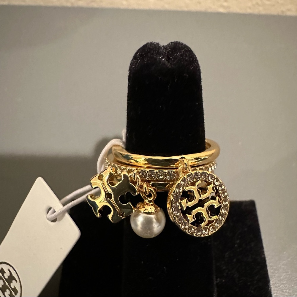 Tory Burch Icon Pavé Charm Ring with Gold Logo, double T, and Pearl Charm - Picture 2 of 5